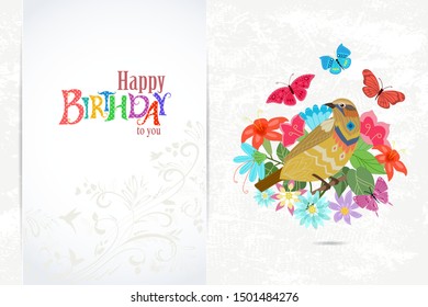 happy invitation card with bird in flowers for your design