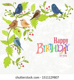 happy invitation card with funny birds. birthday to you