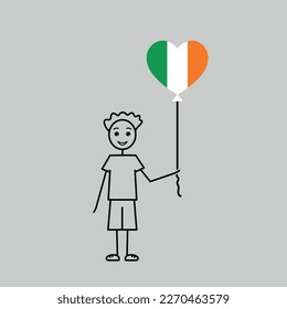 happy irish boy, love Ireland sketch, male character with a heart shaped balloon, black line vector illustration