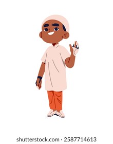 Happy Islamic boy with bionic fingers greeting. Cute child with robotic prosthesis welcoming, waving hand. Disabled kid with amputation of limbs. Flat isolated vector illustration on white background