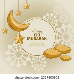 Happy Islamic Eid Mubarak background with golden moon stars. floral ornament