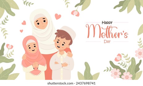 Familia islámica feliz. Afiche del Día de la Madre. Madre musulmana linda con hijo e hija sobre fondo blanco con flores. Pancarta festiva horizontal. Ilustración vectorial en estilo plano de dibujos animados