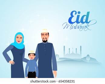 Happy Islamic Family on mosque silhouetted glossy background for Eid Mubarak celebration.