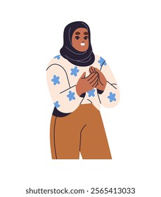 Happy Islamic girl in hijab applauding, celebrates success. Black Muslim clapping her hands, rejoices at win, holiday. Woman applause, has fun. Flat isolated vector illustration on white background