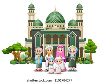 Happy Islamic kids cartoon playing in front of a mosque