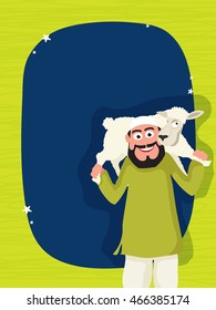 Happy Islamic Man carrying a Sheep on his shoulder with blank frame for Muslim Community, Festival of Sacrifice, Eid-Al-Adha Celebration. Vector greeting card design.