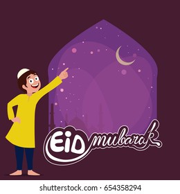 Happy Islamic Man pointing towards moon for Eid Mubarak celebration.