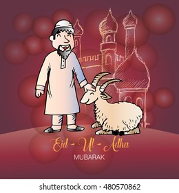 Happy Islamic Man in Traditional Outfit with Goat and Arabic Calligraphy text Eid-Al-Adha Mubarak on Nature background for Muslim Community, Festival of Sacrifice Celebration.
