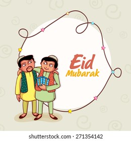 Happy islamic men hugging and giving gifts to each other on occasion of muslim community festival, Eid Mubarak celebration, can be used as greeting or invitation card design.