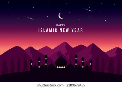 Happy Islamic New Hijri Year Background Template. Landscape night with mosques, trees, mountains, and sky. Vector Illustration