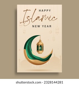 Happy Islamic New Year 1445 H.Islamic Greeting Card Concept with Arabic Lantern Design Vector Illustration. Happy New Hijri Year with Calligraphy  Template. Happy Muharram Poster.Ashura Day