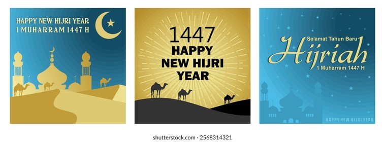 Happy Islamic New Year 1447 H. The effect of light and camels in the desert. Welcoming Islamic New Year's Eve. Happy New Hijri Year concept. Set flat vector illustration.