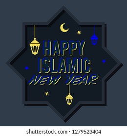 Happy Islamic New Year Background with Moon, Star and Lamp Illustration