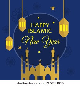 Happy Islamic New Year Background with Mosque and Lamp Illustration