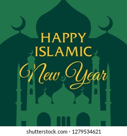 Happy Islamic New Year Background with Mosque, Moon, and Star Illustration 