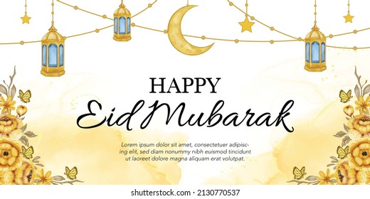 Happy islamic new year background for banner with watercolor floral gold