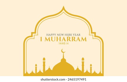 Feliz año nuevo islámico. Nuevo diseño de tarjeta de felicitación de año Hijri con silueta de mezquita. Ilustración vectorial
