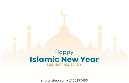 Happy islamic new year background. New Hijri year greeting card design with mosque silhouette. Vector illustration