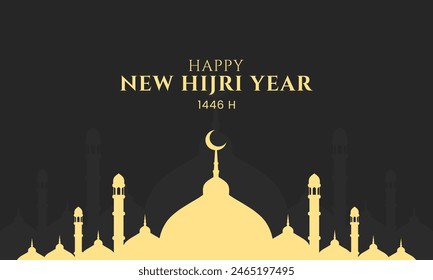 Happy islamic new year background. New Hijri year greeting card design with mosque silhouette. Vector illustration