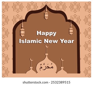 Happy Islamic New Year Background. Islamic Greeting Card Concept with Mosque, Moon and Lanterns. flat vector modern illustration 