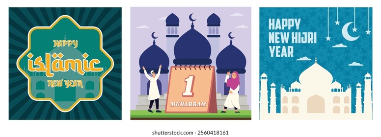 Happy Islamic New Year. Calendar and Mosque. Greeting Card Islamic New Year Celebration with bright colors and elegant motifs. Set lat vector modern illustration