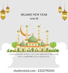 Happy islamic new year design with mosque and lamp object concept background