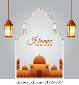 Happy islamic new year eid hijri mubarak poster background design. Great mosque with hanging lattern lamp in gray white background