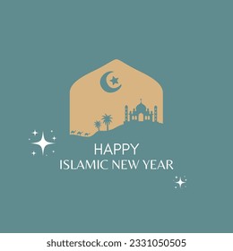 Happy islamic New year flat design with mosque and moon concept background 