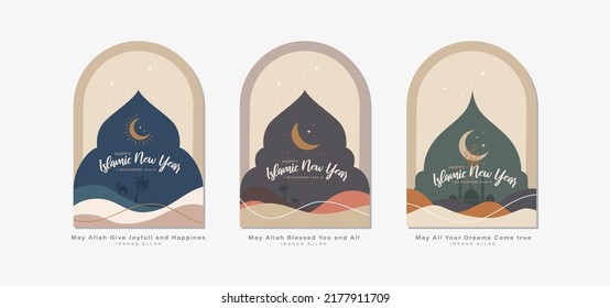 Happy Islamic New Year greeting card design with modern boho art style concept