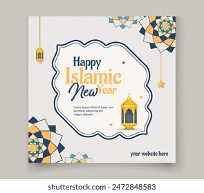Happy Islamic New Year greeting post design with  Islamic lantern and mandala for social media post

