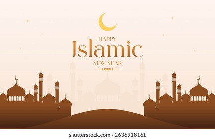 Happy Islamic New Year Greeting – Elegant Brown and Gold Geometry. Perfect for Muharram, Hijri New Year, Islamic holiday Celebrations, Banners, Invitations, Social Media Posts, and more.