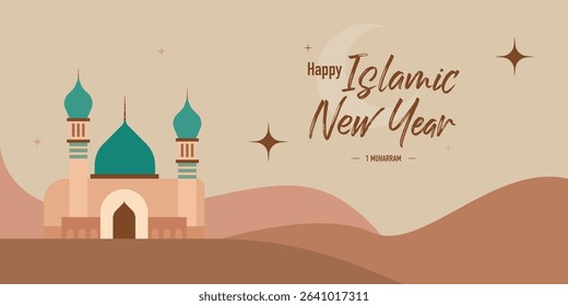 Happy Islamic New Year greeting card design with modern art style concept