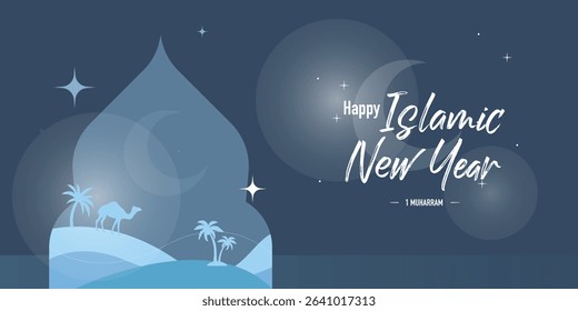 Happy Islamic New Year greeting card design with modern art style concept