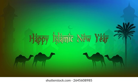 Feliz Ano Novo Islâmico Cartão de Saudação Design com verde e azul fundo abstrato gradiente decorado com Camelos, Datas árvore e silhueta da mesquita 