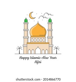 Happy islamic new year hijri monoline or line art style vector illustration