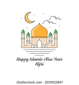 Happy islamic new year hijri monoline or line art style vector illustration