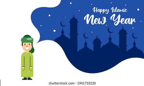 Happy Islamic New Year Illustration with Muslim Character Person, Vector.