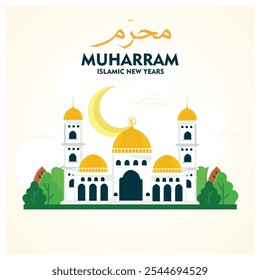 Happy Islamic New Year. Muharram text with the elegant mosque. Happy New Hijri Year concept. Flat vector illustration.