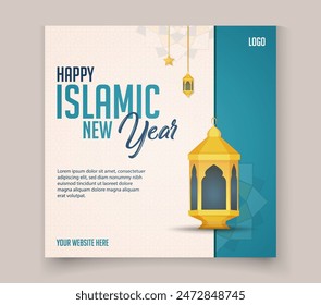 Happy Islamic New Year poster template design with Islamic lantern and star for social media post
