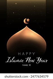 Happy Islamic New Year Poster Design with Golden Mosque Dome Isolated Black Background. Happy Muharram Vector Illustration. Ashura Day