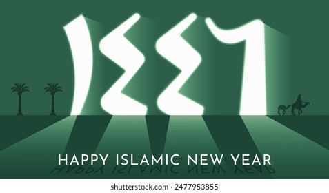 Happy Islamic New Year Poster Design with 1446 Letters Isolated Green Background. Happy Muharram Vector Illustration. Ashura Day