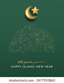 Happy Islamic New Year Poster Design with Golden Crescent Moon and Star Isolated Green Background. Happy Muharram Vector Illustration. Ashura Day