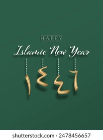 Happy Islamic New Year Poster Design with 1446 Letters Isolated Green Background. Happy Muharram Vector Illustration. Ashura Day