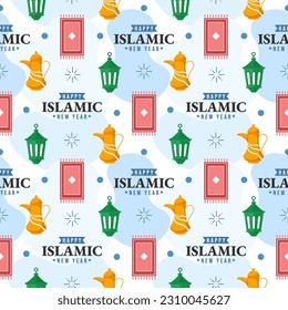 Happy Islamic New Year Seamless Pattern Design Flat Illustration with Muslims Elements in Template Hand Drawn