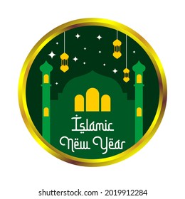 happy islamic new year typography design with mosque and hanging lantern illustration