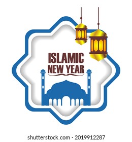 happy islamic new year typography design with mosque and hanging lantern illustration