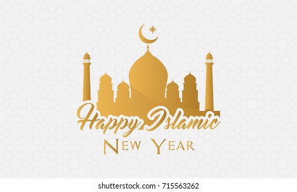 Happy Islamic New Year Vector illustration. Beautiful Golden mosque on Arabic pattern background.