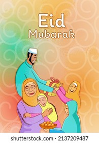 Happy Islamic People Or Family Celebrating Eid Festival On Gradient Spiral Pattern Background.