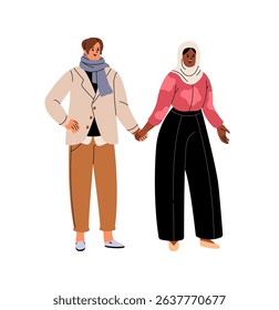 Happy Islamic woman in hijab and man with scarf hold hands. Cute interracial couple, diverse friends standing together. International friendship. Flat isolated vector illustration on white background