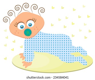 Happy, isolated baby boy with brown, curly hair, pacifiers, dotted, blue suit, many yellow hearts,  playing on floor, white background